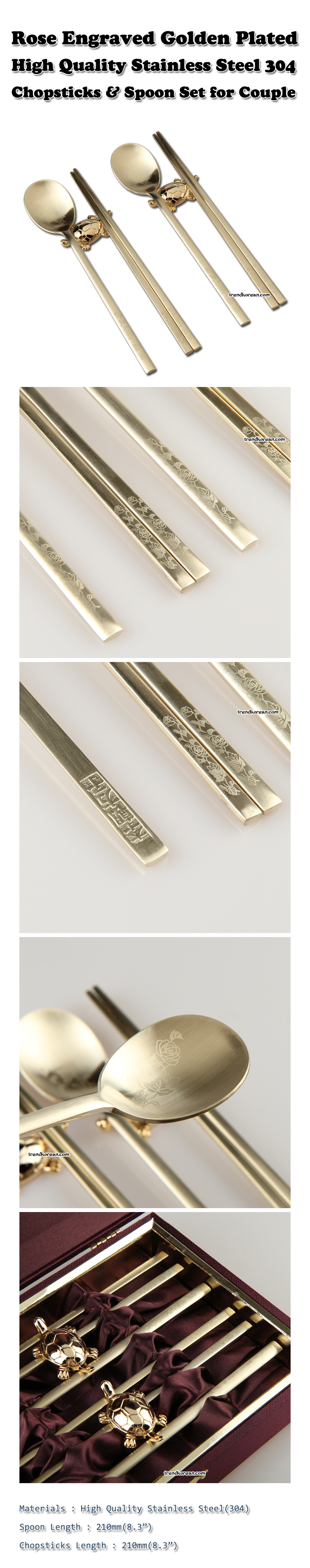 Rose Engraved Gold Plated Stainless Steel Chopsticks & Spoon Set for couple